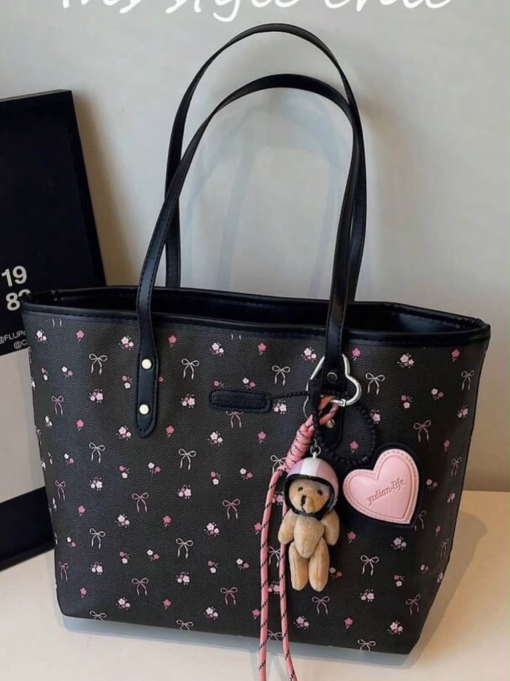 Black & Pink Floral Tote Bag with Charm